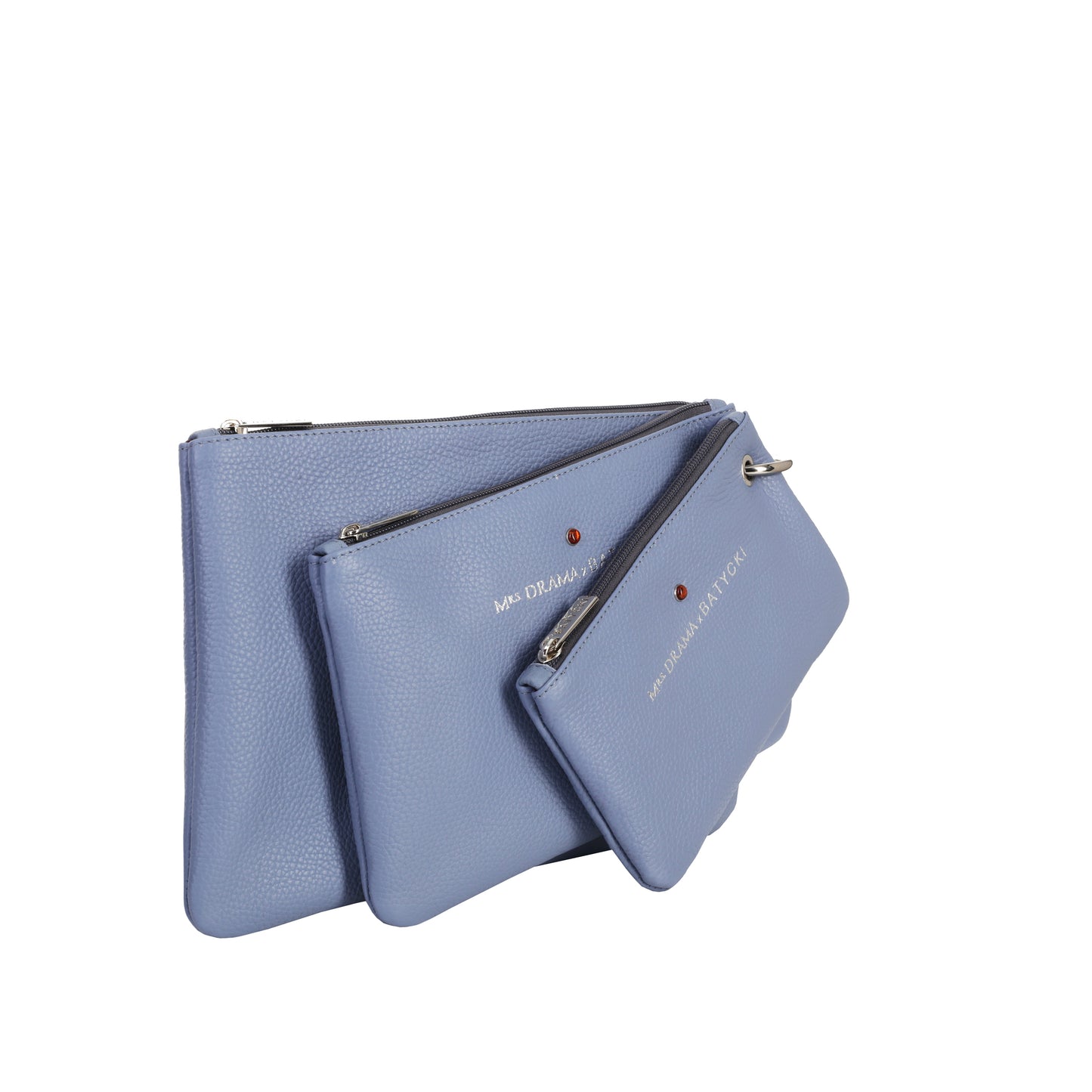 Set of three MRS DRAMA x BATYCKI mousse azure leather cosmetic bags