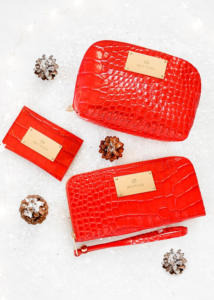 Croco red leather card case