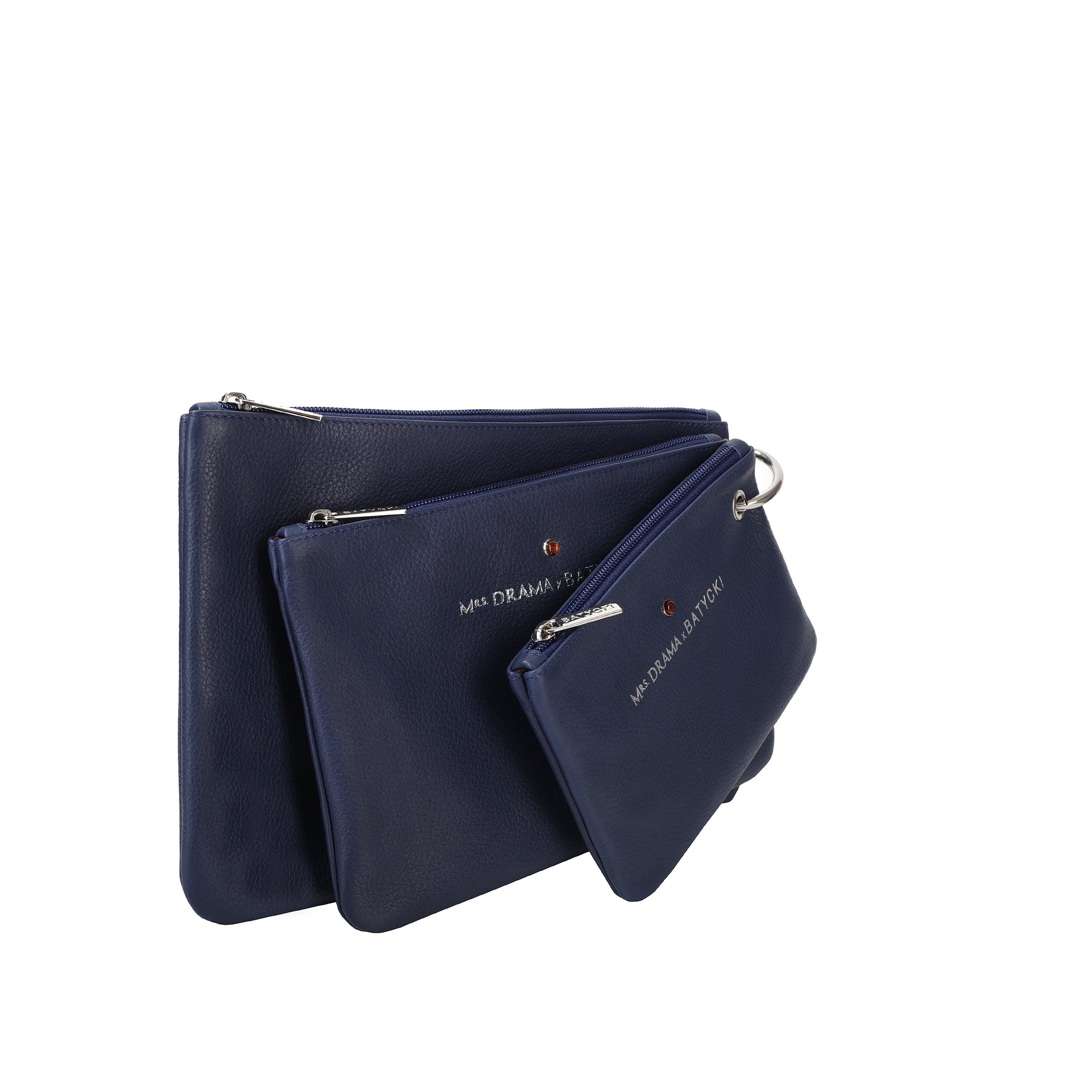 Set of three MRS DRAMA x BATYCKI mousse navy leather cosmetic bags