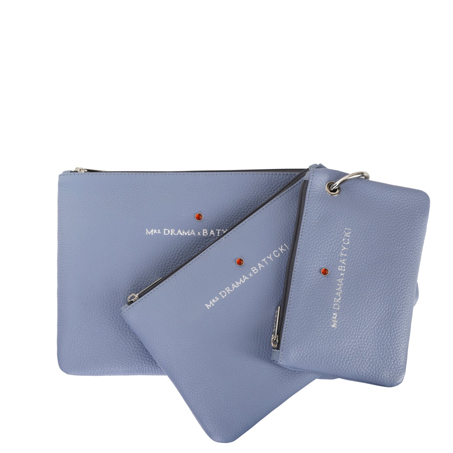 Set of three MRS DRAMA x BATYCKI mousse azure leather cosmetic bags