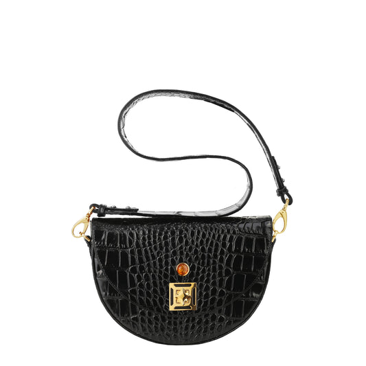Schwarze Damenhandtasche aus bernsteinfarbenem Kroko-Leder